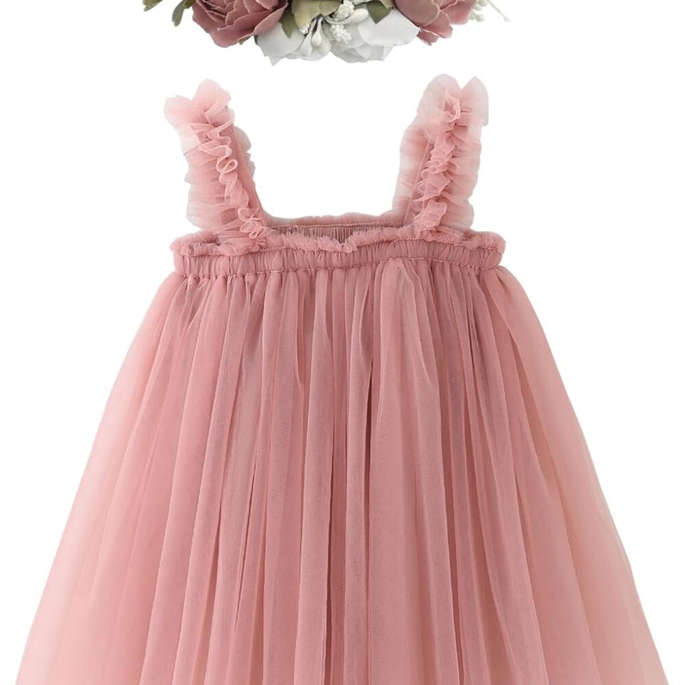 Elegant Layered Tulle Tutu Dress in Dusty Rose—Includes Flower and Bow Headbands